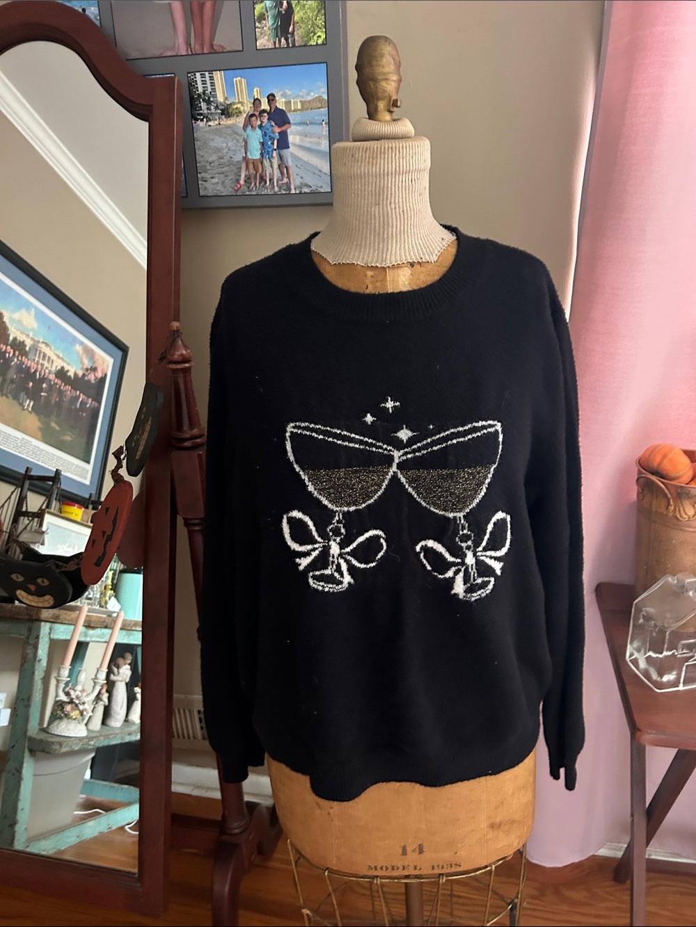 Loft Black Sweater with Champagne Glasses | Size XL